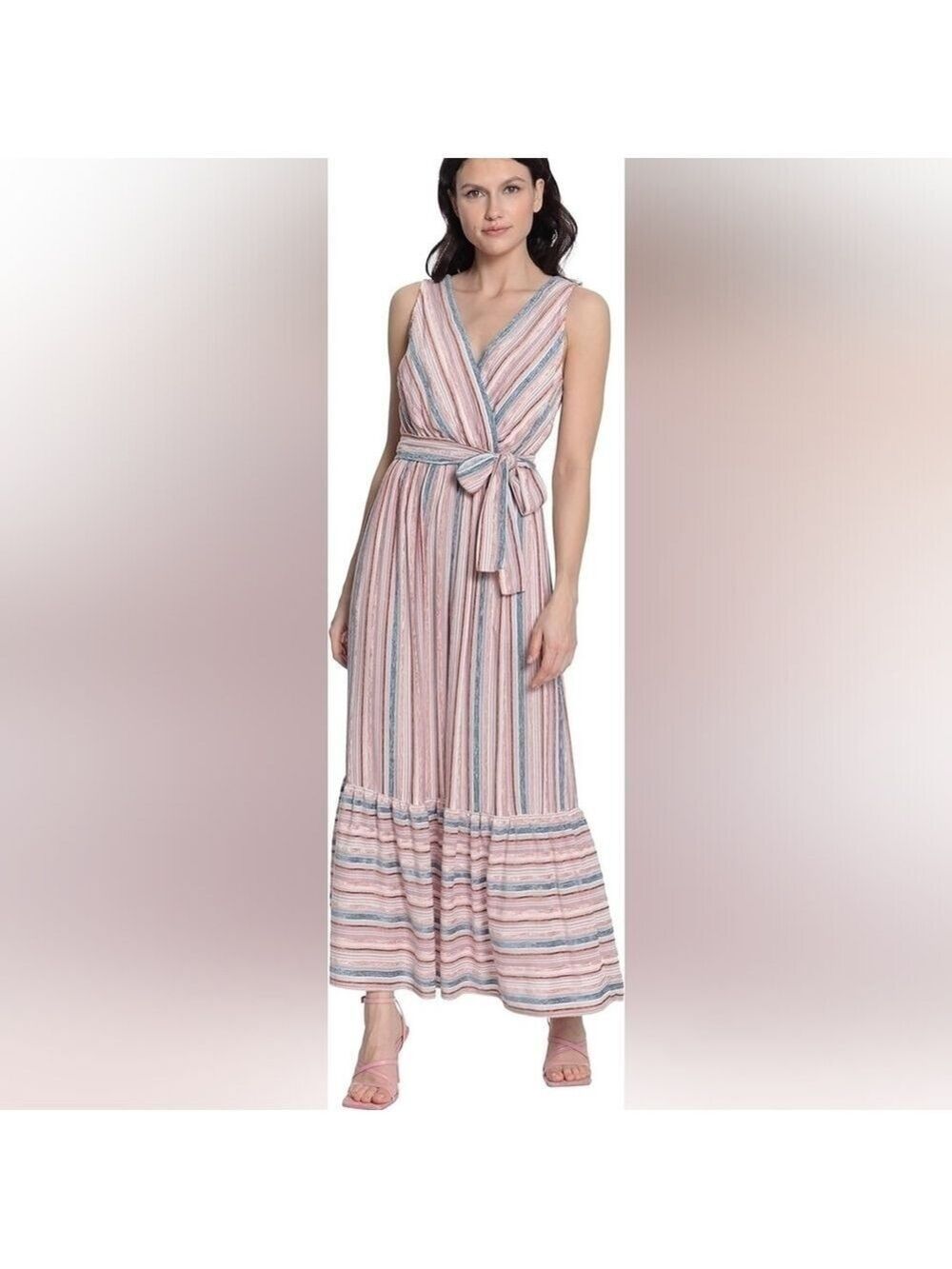 Sleeveless Striped Tiered Wrap Style Belted Velvet Maxi Dress w Pockets 8 - Picture 5 of 13